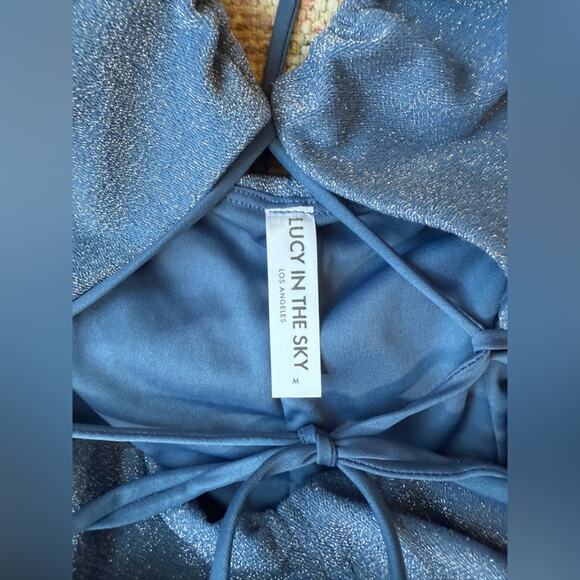 Lucy in the Sky Dusty Blue Glitter Ruched Bodycon Mini Dress Size Medium - Picture 4 of 8